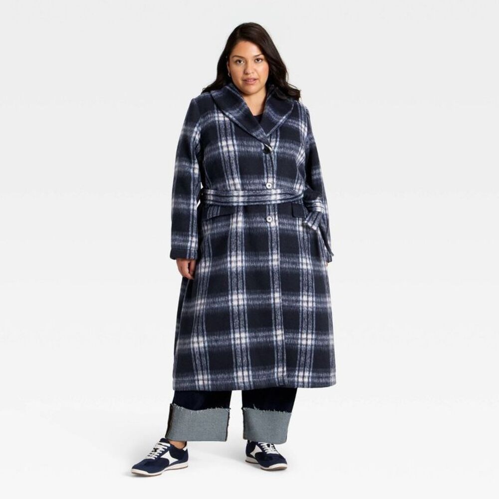 Women's Belted Coat - Ava & Viv Navy Blue Plaid 1X